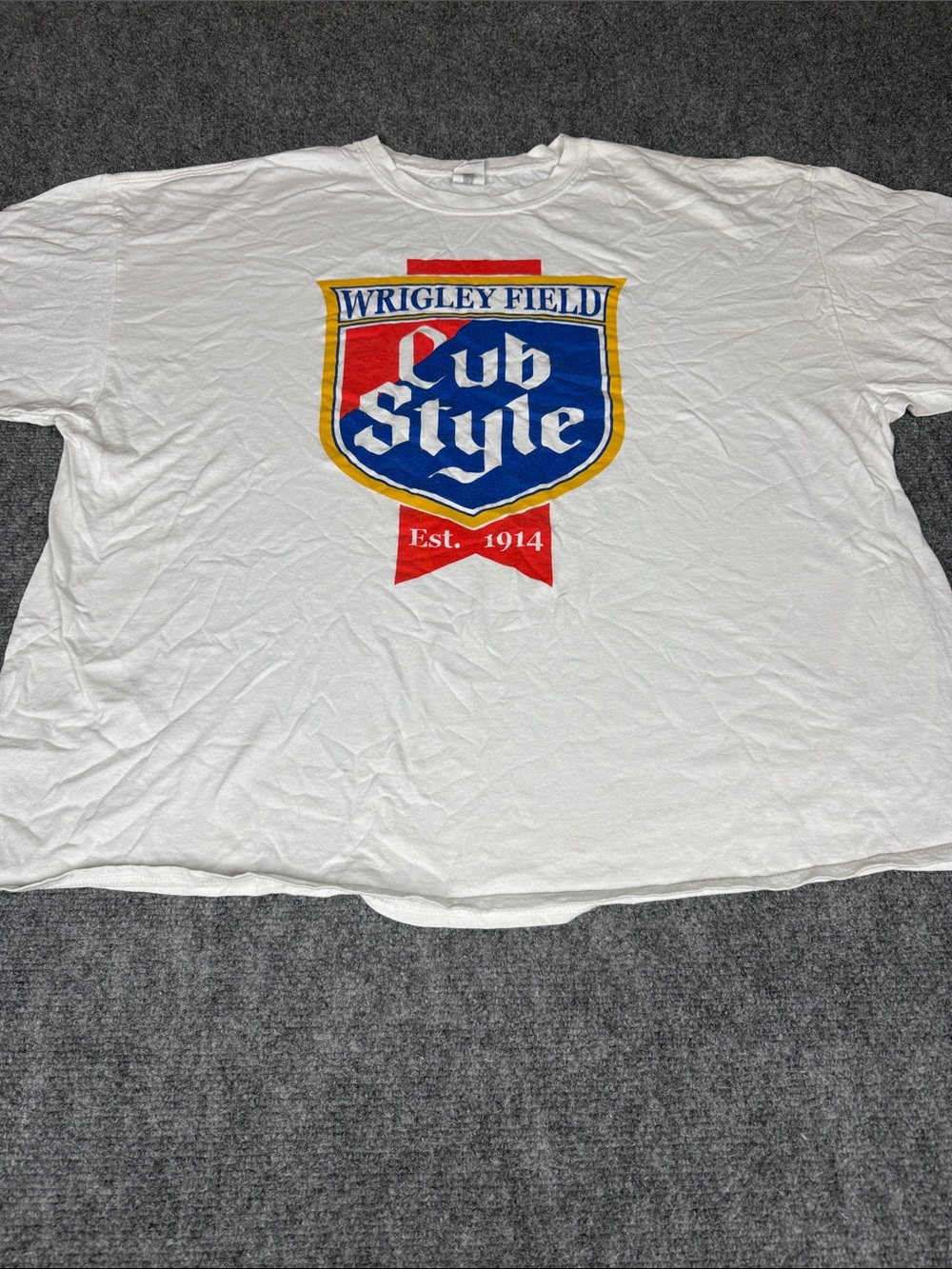 Hanes White Wrigley Field Cub Style Graphic Tee with Red, Blue, Yellow Print